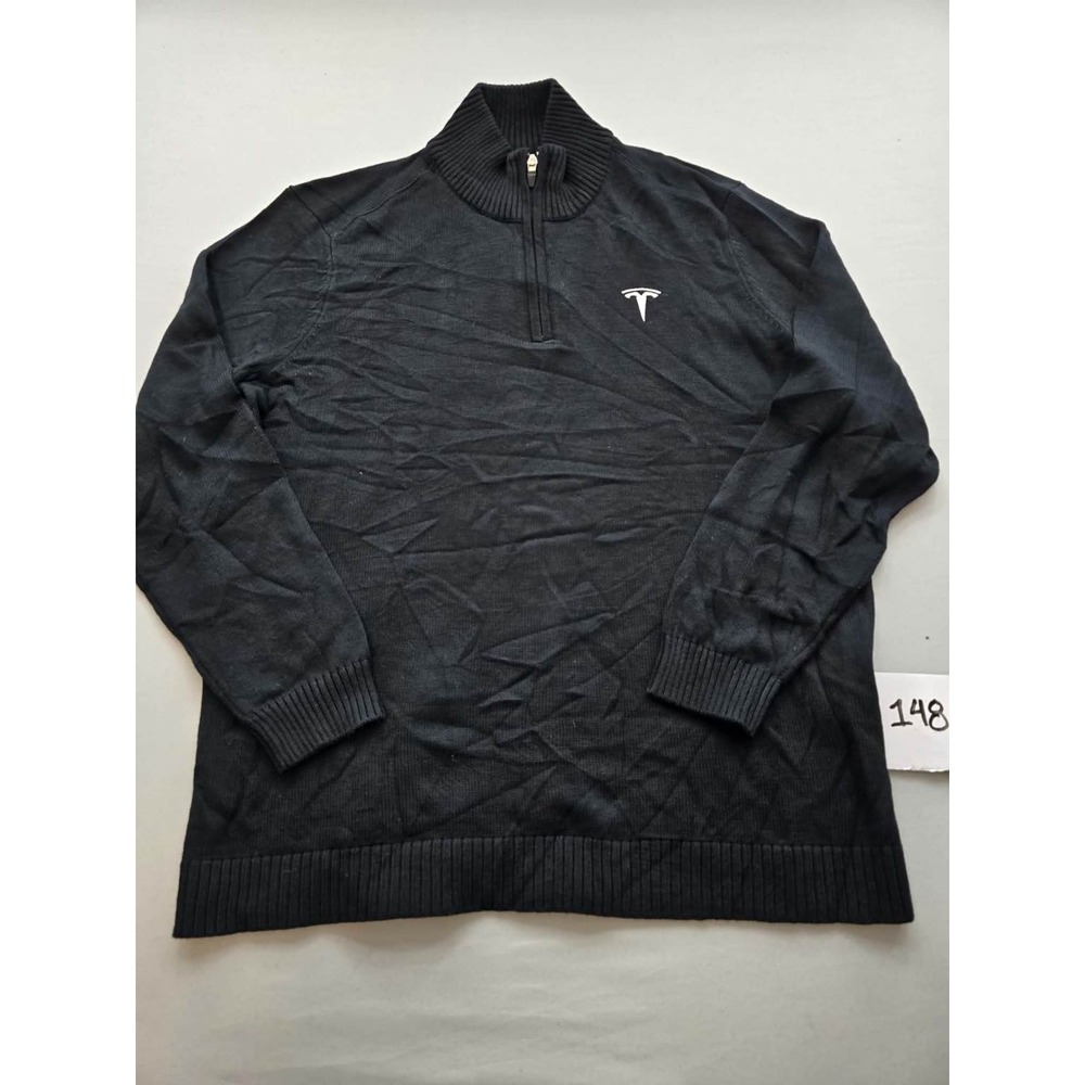 Tesla Mens Black 1/4 Zip Pullover Sweater Large Cotton Blend Logo TSL7863BK